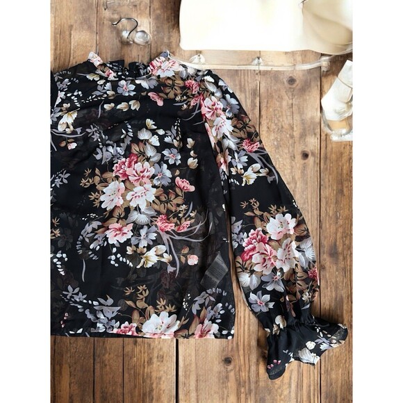 Womens Floral Sheer Blouse Black Long Sleeve Ruffle Neck Romantic Top Small - Picture 8 of 16